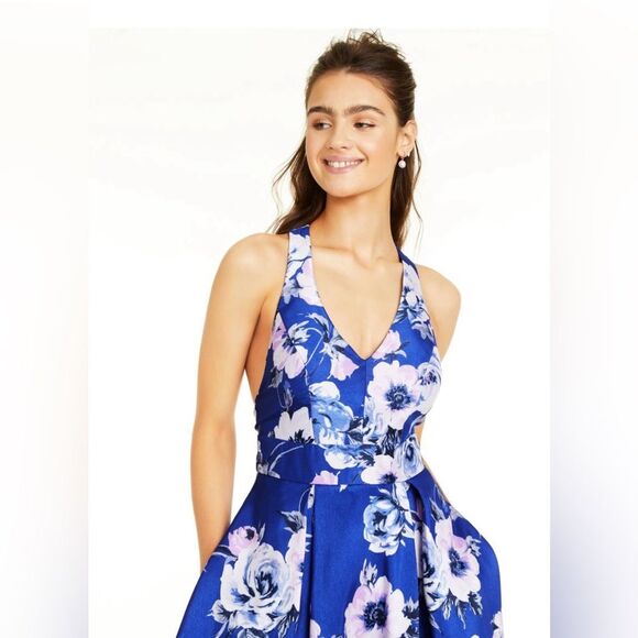 NWT City Studio Blue Floral Pocketed Formal Full Length Fit & Flare Gown 9 - Picture 10 of 12